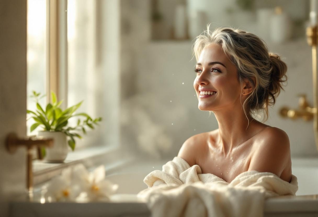 امرأة تشعر بالثقة ببشرتها بعد استخدام روتين العناية اليومي