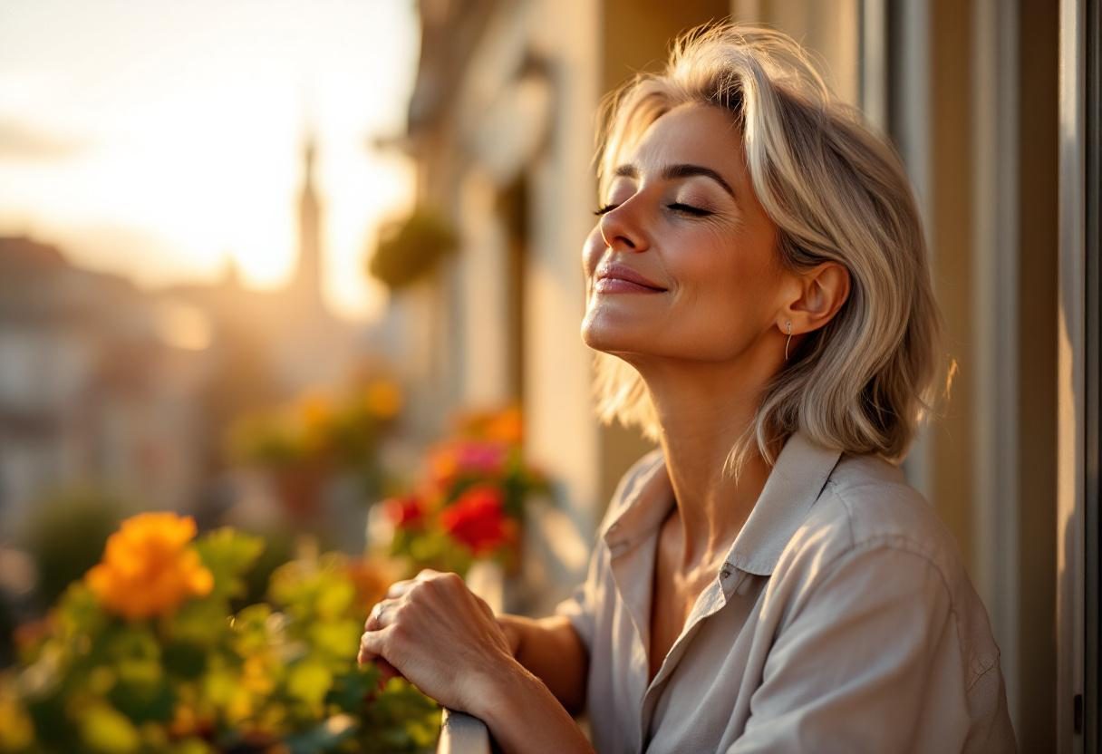 Frau bei der morgendlichen Pflegeroutine mit natürlichen Produkten im hellen Badezimmer