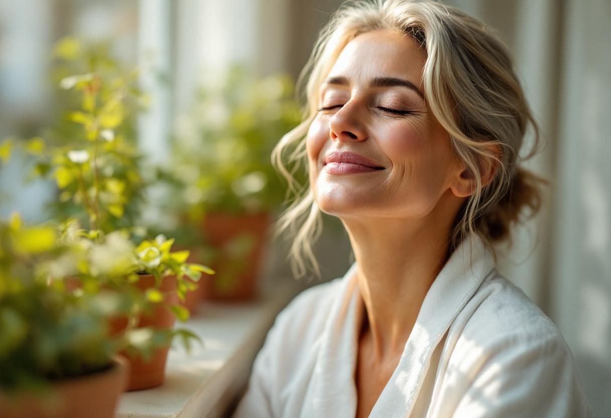 Qadın dəri qulluğu rutini ilə məşğul olur, təbii işıqlı interyer