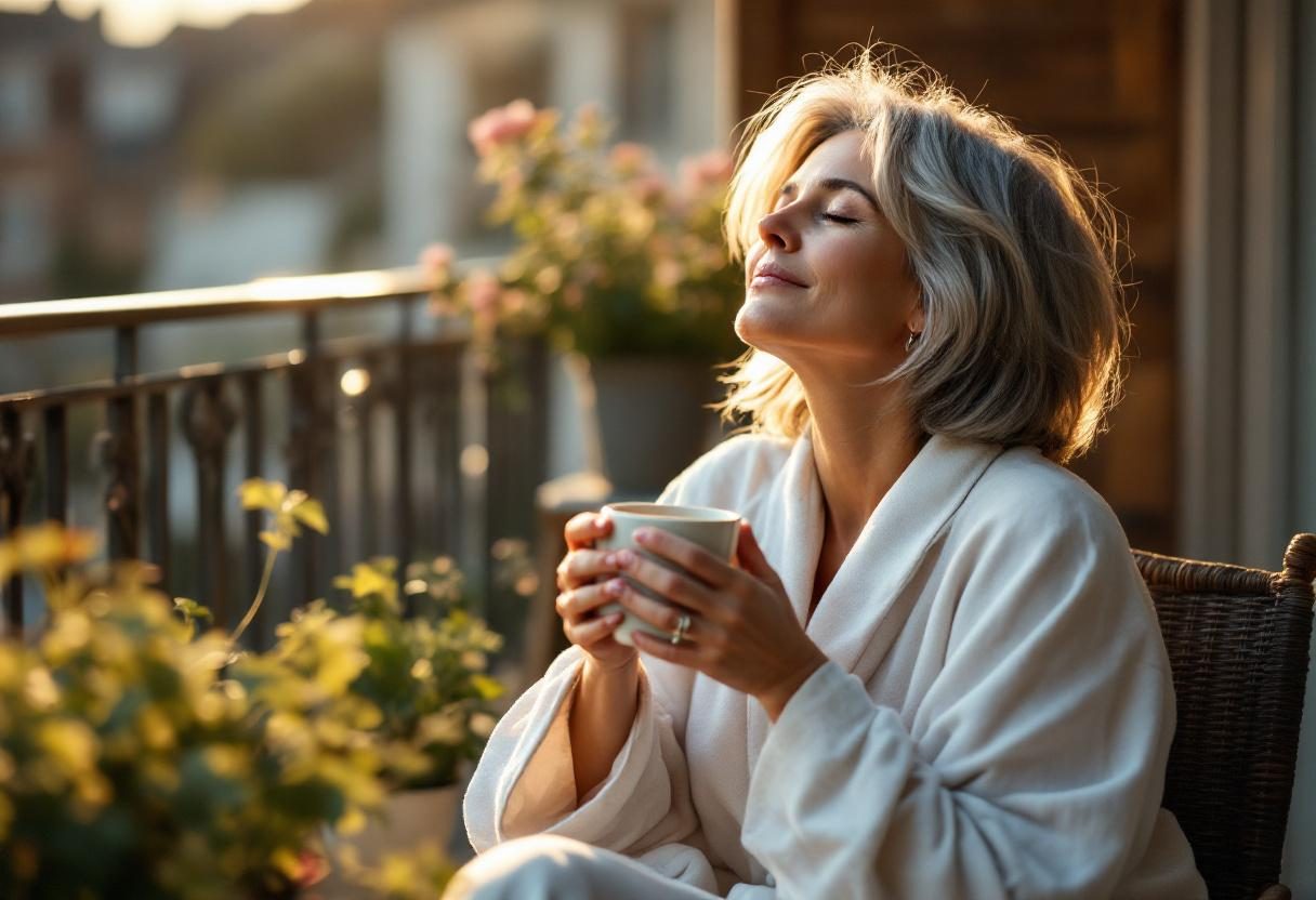 Vrouw die huidverzorgingsroutine doet in lichte badkamer