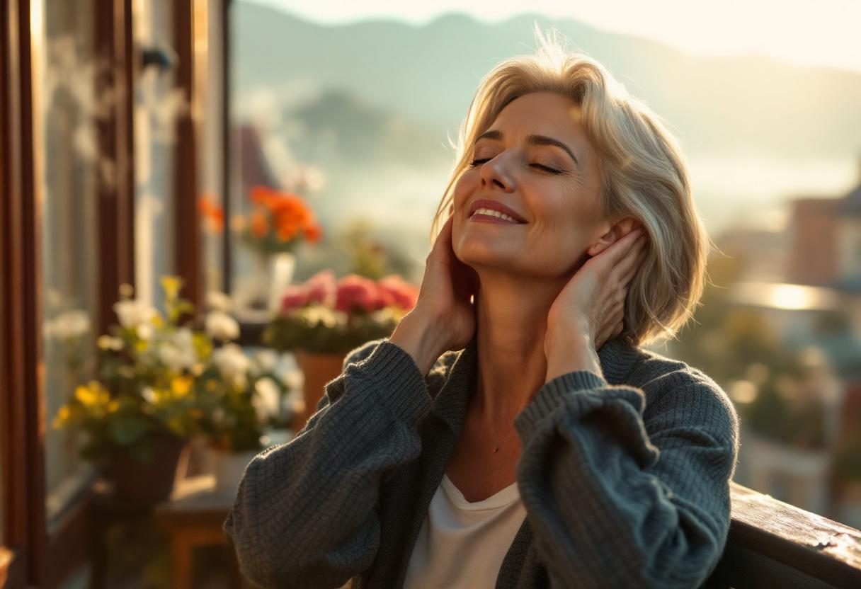 Жена прилага крем за грижа за кожата в спокойна домашна обстановка