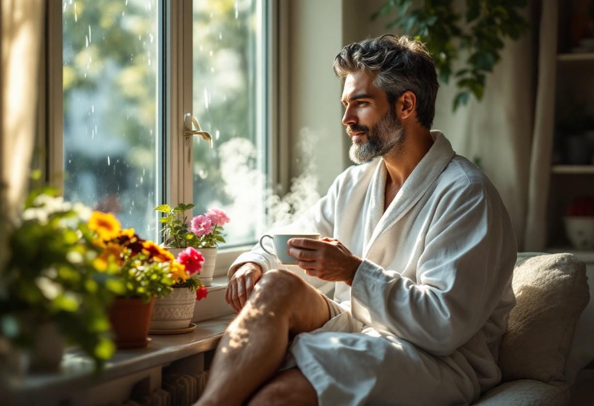 Човек се грижи за кожата си в спокойна атмосфера, ежедневна рутина за благополучие