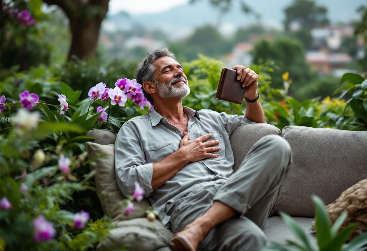 Persona meditando al aire libre en entorno natural tranquilo con vegetación exuberante y luz dorada de la tarde