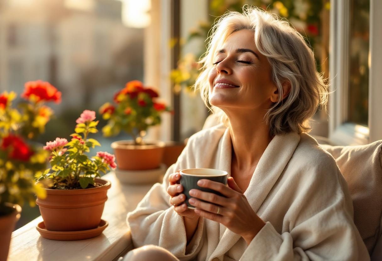 Frau in entspannter Morgenroutine mit Fokus auf Wohlbefinden und Balance