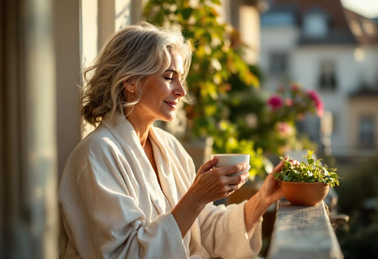 Frau bei entspannter Hautpflege-Routine im Badezimmer