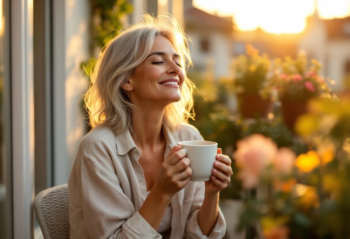 Frau bei morgendlicher Wellness-Routine mit gesunder Ernährung