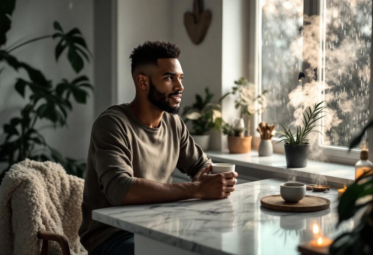 Ausgewogene Morgenroutine mit Kräutertee und gesunden Lebensmitteln