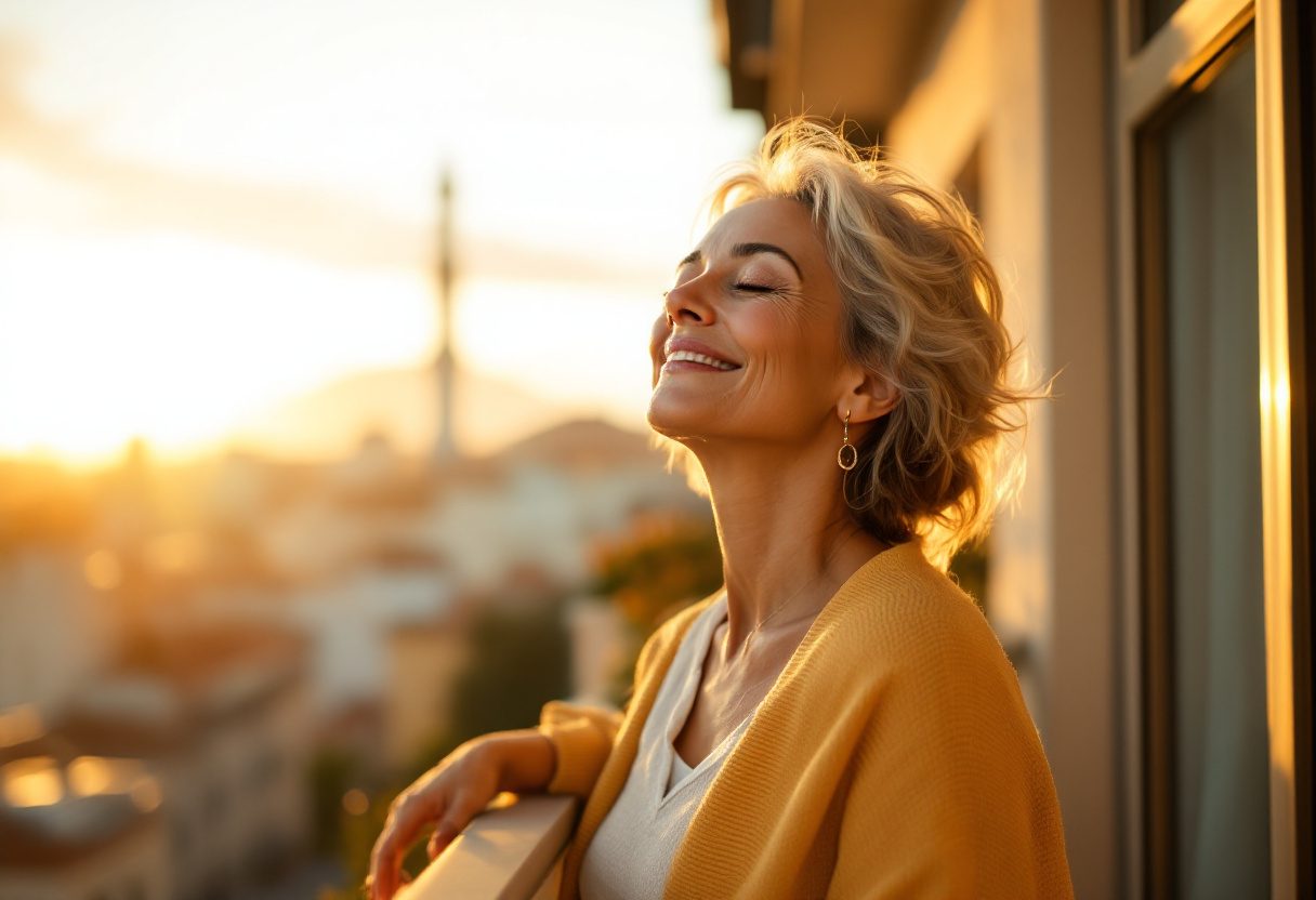 Mujer sonriente, bienestar femenino, estilo de vida saludable