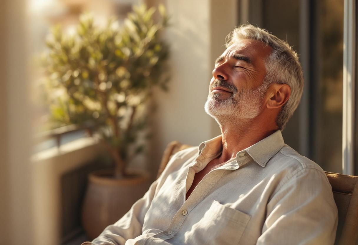 Hombre en entorno relajado cuidando su bienestar personal