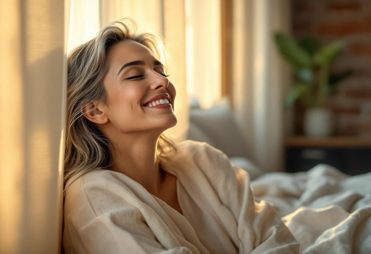 ქალი იყენებს სახის კრემს დილის მოვლის რუტინის დროს