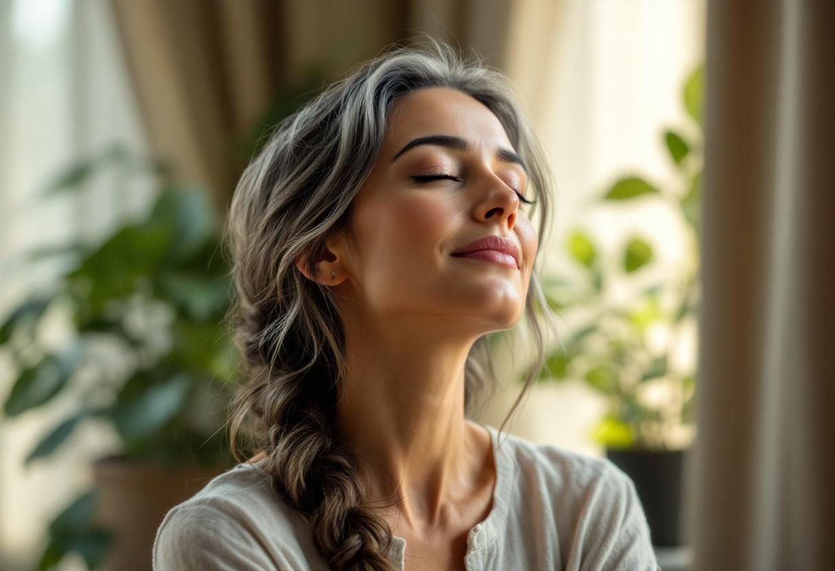 ქალი კანის მოვლის რუტინას ასრულებს ნათელ, მზიან გარემოში