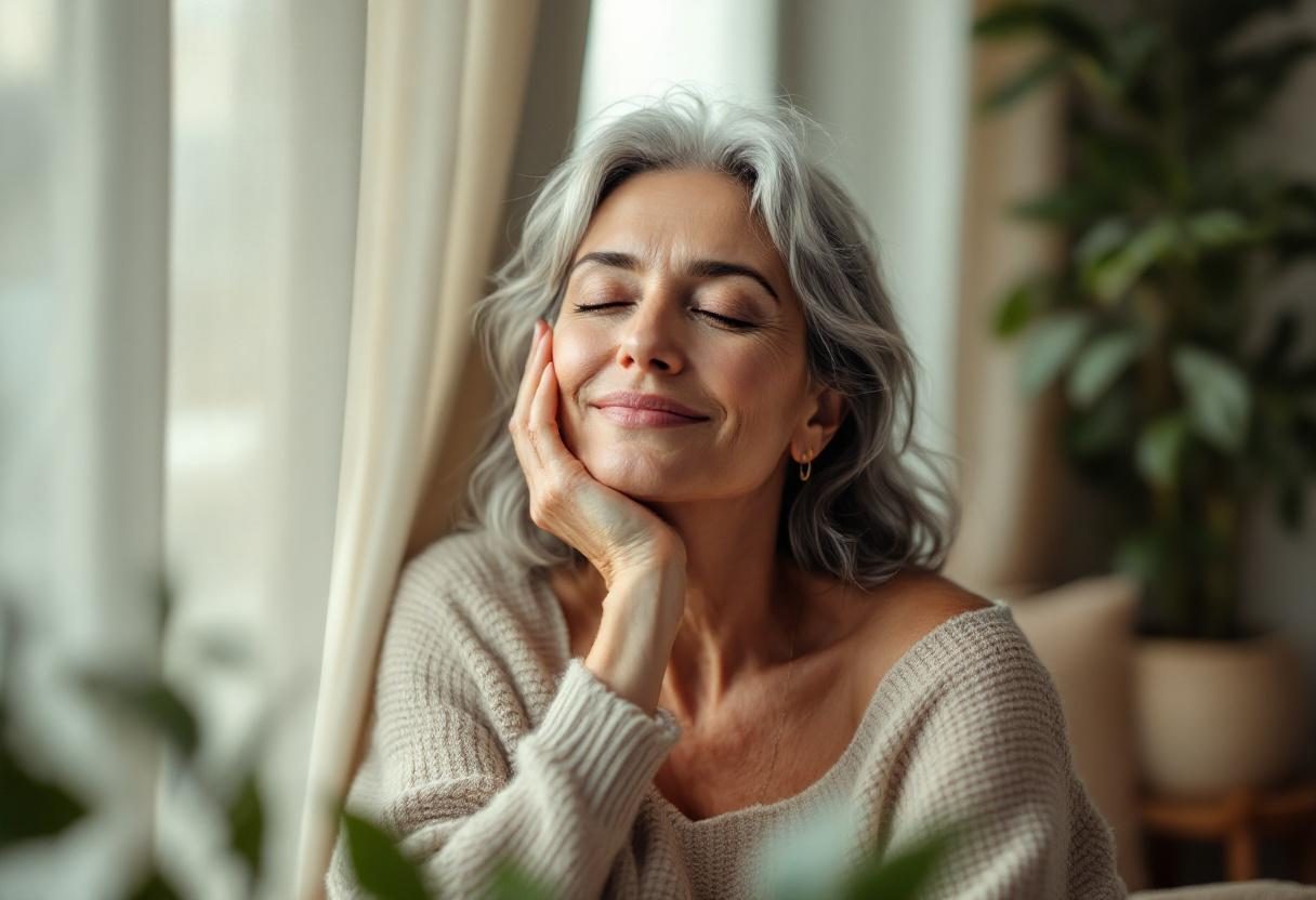 ქალი იყენებს სახის კრემს დილის მოვლის რუტინის დროს