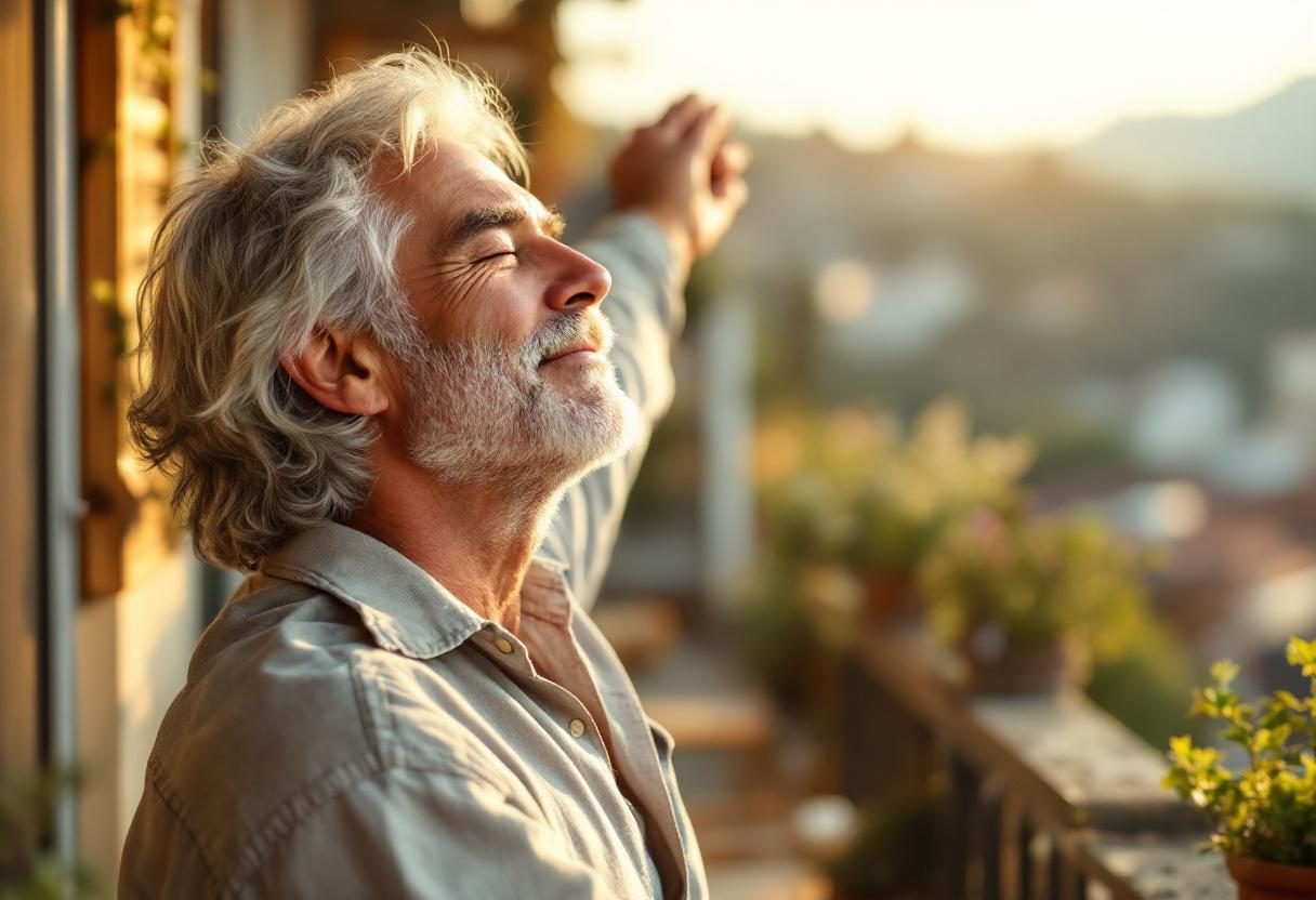 მამაკაცი აქტიური ცხოვრების წესით, ჯანმრთელობისა და კომფორტის ფონზე