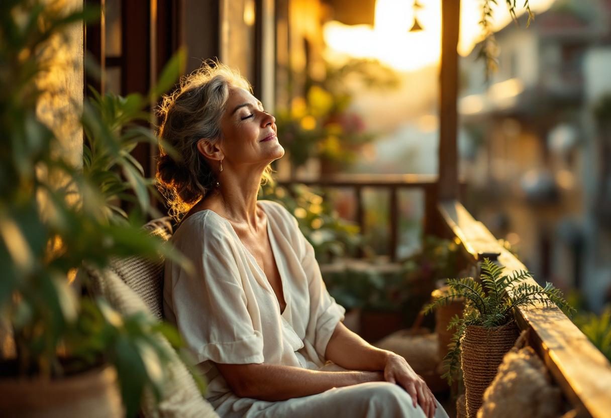 Persona en entorno relajado con rutina de cuidado personal