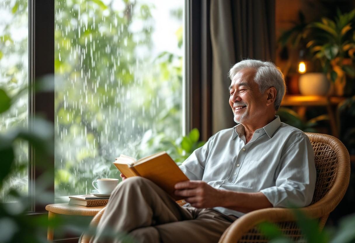 Pria paruh baya menikmati aktivitas luar ruangan dengan nyaman dan percaya diri