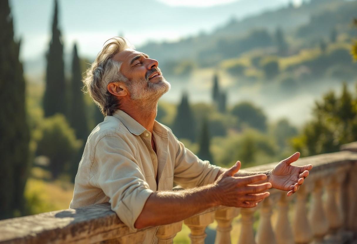 Uomo maturo attivo che pratica attività fisica all'aperto, stile di vita sano ed equilibrato