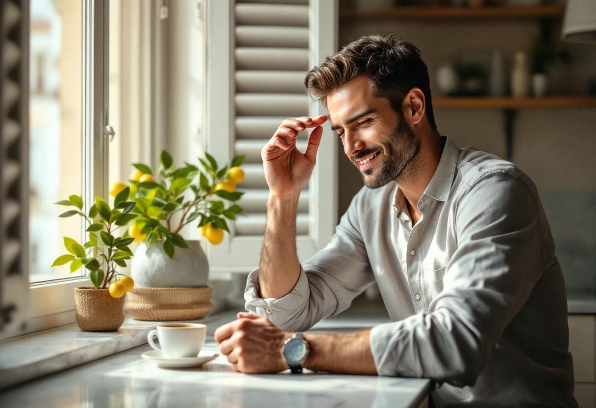 Persona che prepara bevanda salutare in cucina moderna con luce naturale