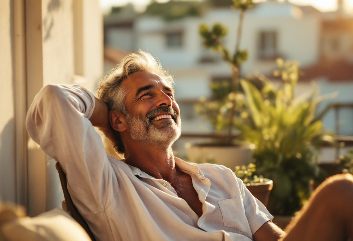 Uomo che si prende cura del proprio benessere con integratore Premium Shiitake Prostatitis Low