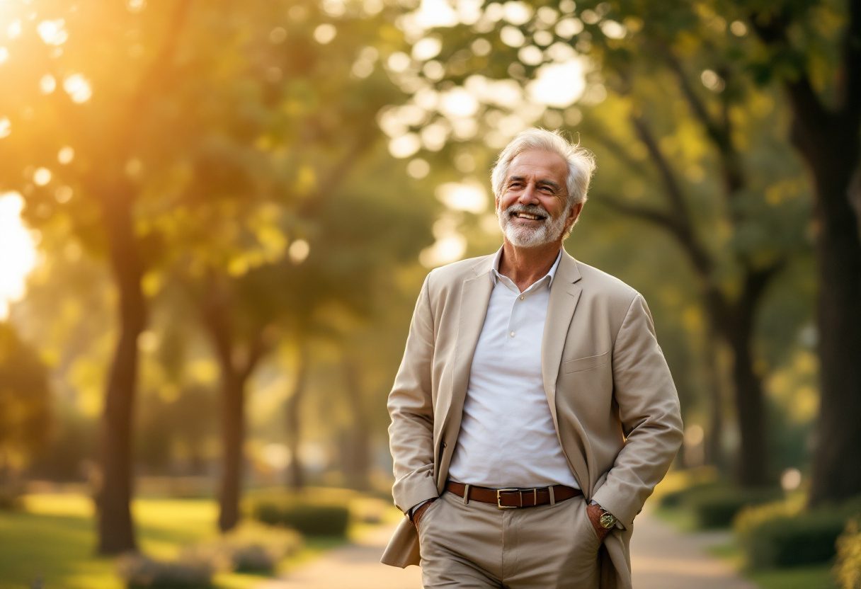 Uomo maturo sorridente, atmosfera di benessere e comfort