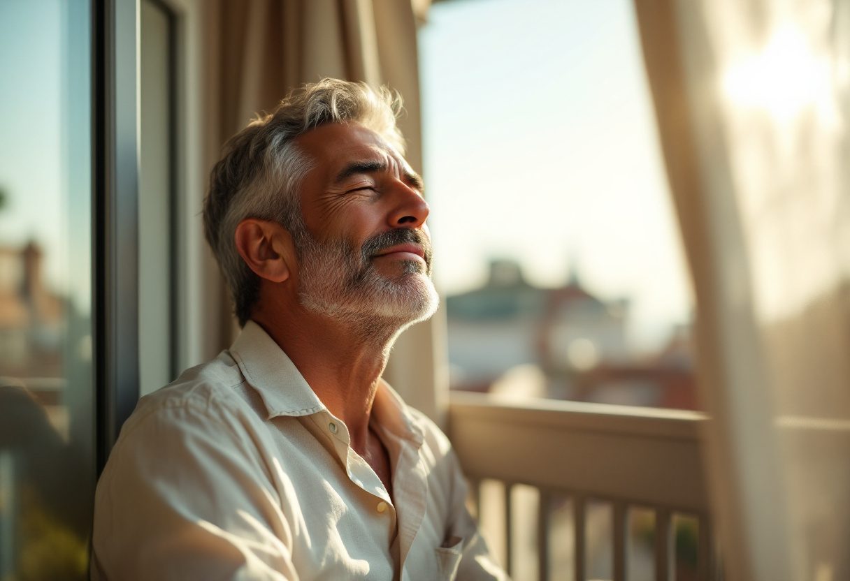 Uomo maturo sorridente in ambiente domestico