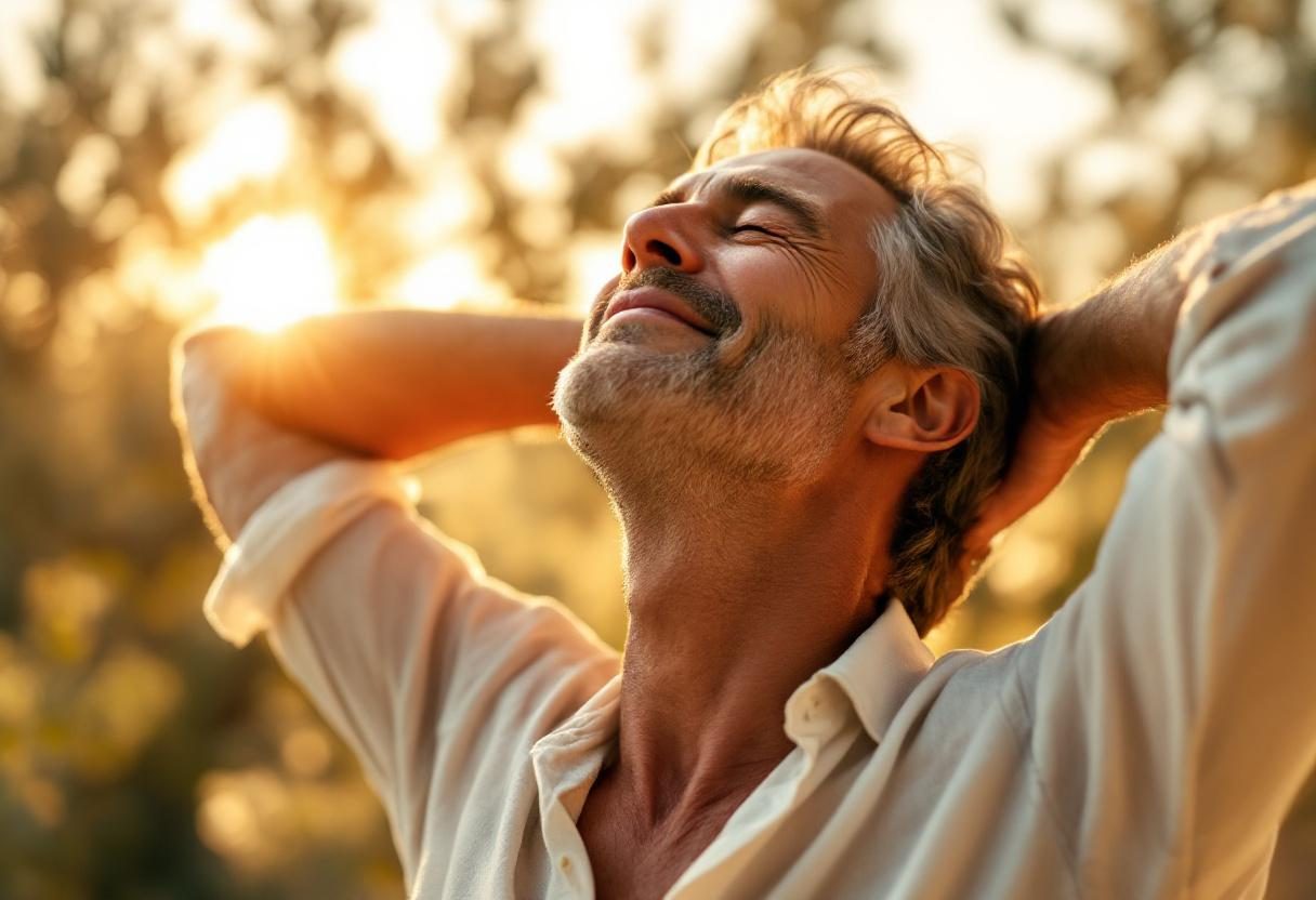 Uomo maturo attivo che pratica attività all'aperto, benessere e vitalità quotidiana