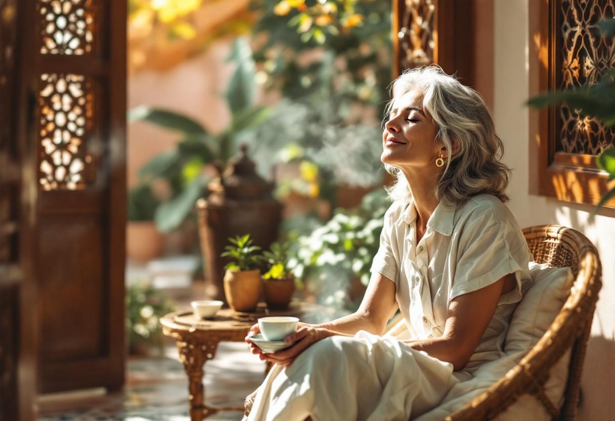 امرأة تسترخي في المنزل مع راحة للأرجل