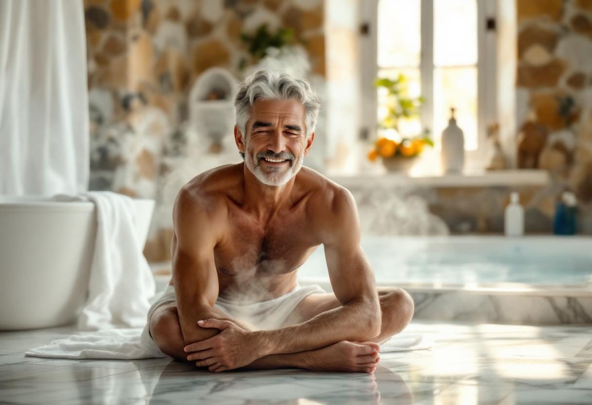 Muškarac naniče preparat za negu kože na laktove u udobnom domaćem okruženju