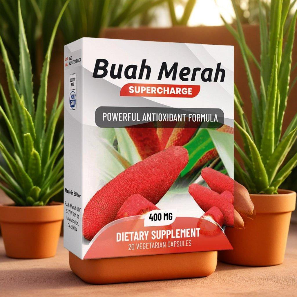 Buah Merah Mix bottle with ingredients background