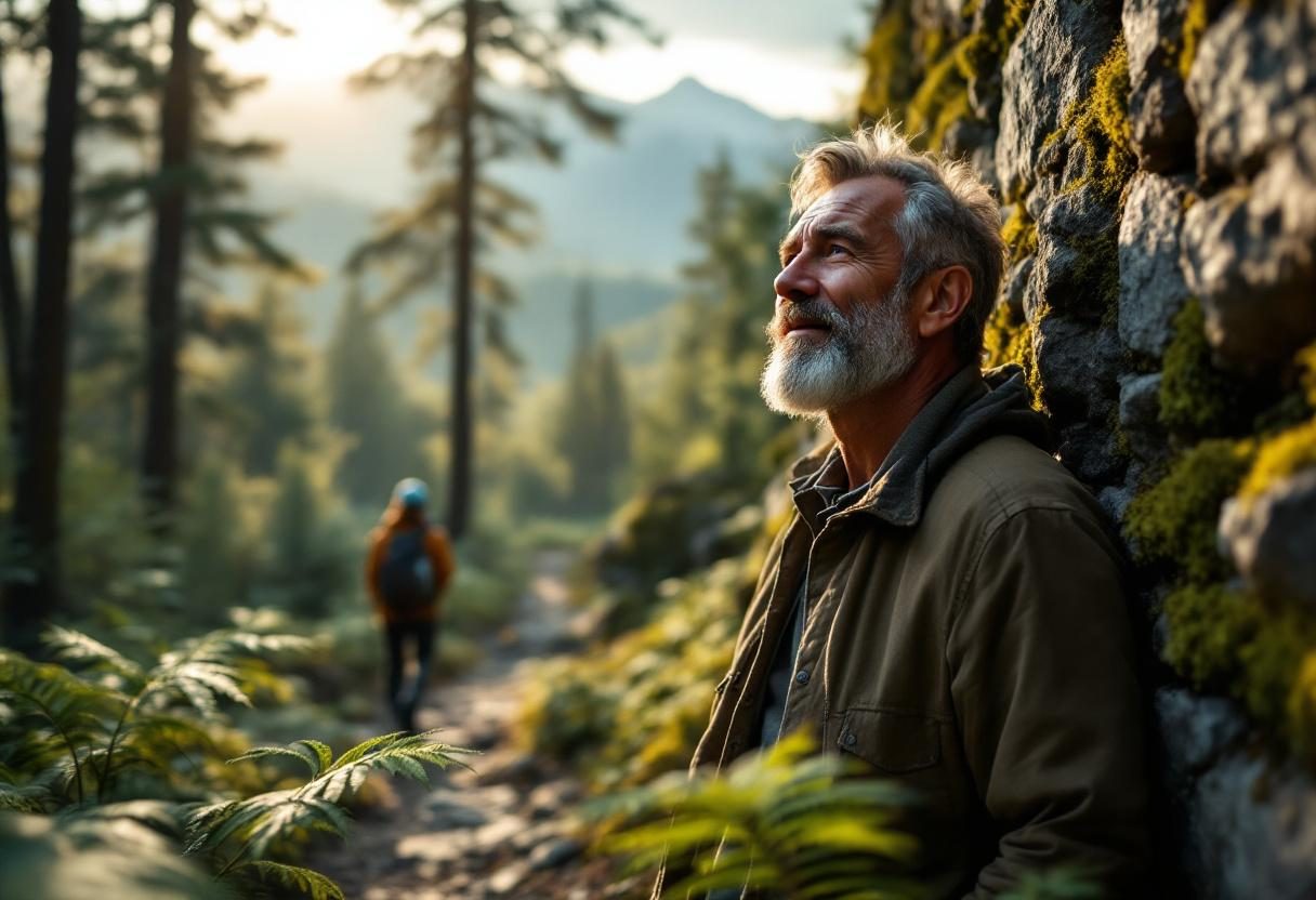 Senior aktywnie spędzający czas na świeżym powietrzu, cieszący się ciszą i spokojem