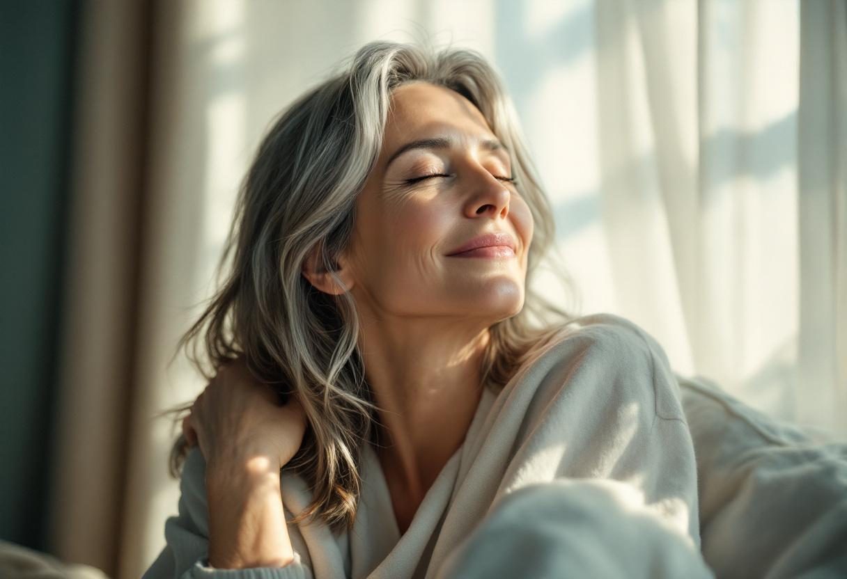 Kobieta z długimi, zdrowymi włosami i zadbanymi paznokciami w naturalnym świetle