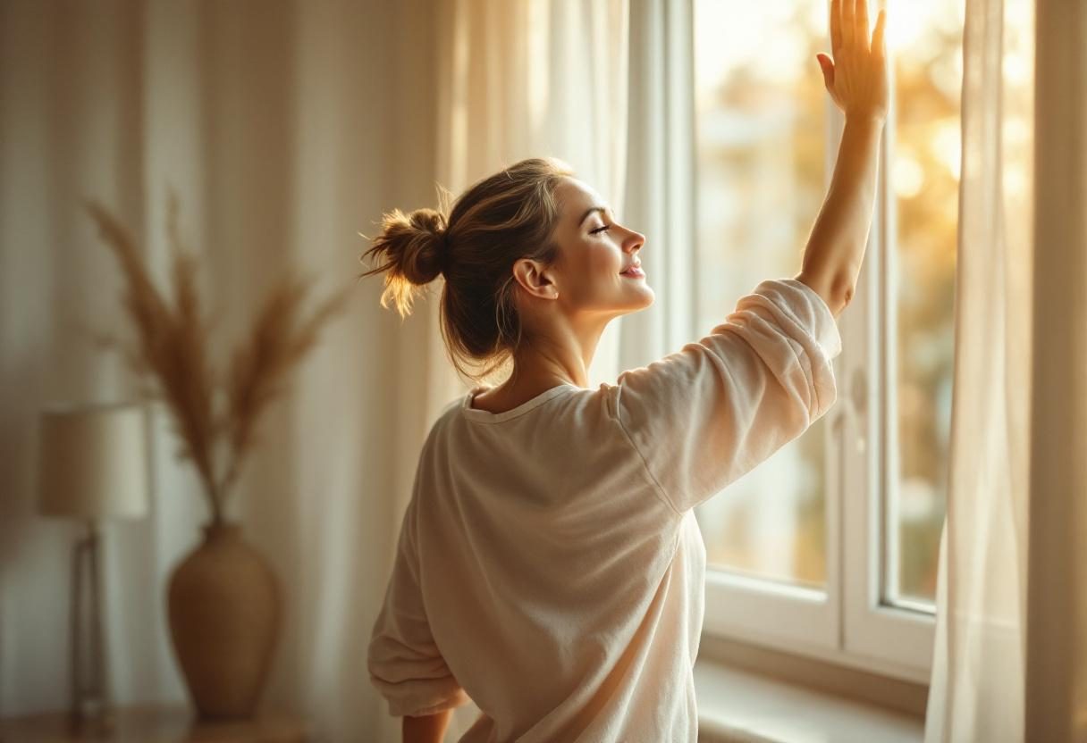 Kobieta relaksująca się w przytulnym wnętrzu, wellness lifestyle