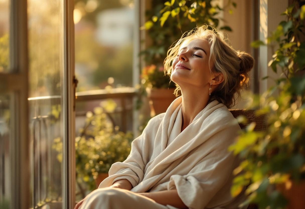 Kobieta w naturalnym świetle stosująca produkt pielęgnacyjny na twarz