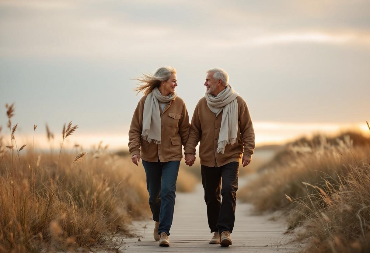 Osoba w średnim wieku ciesząca się spacerem z psem w parku, symbolizująca aktywność i niezależność ruchową