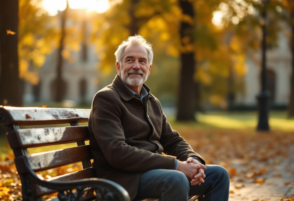 Osoba w średnim wieku spacerująca po parku, aktywny styl życia na emeryturze