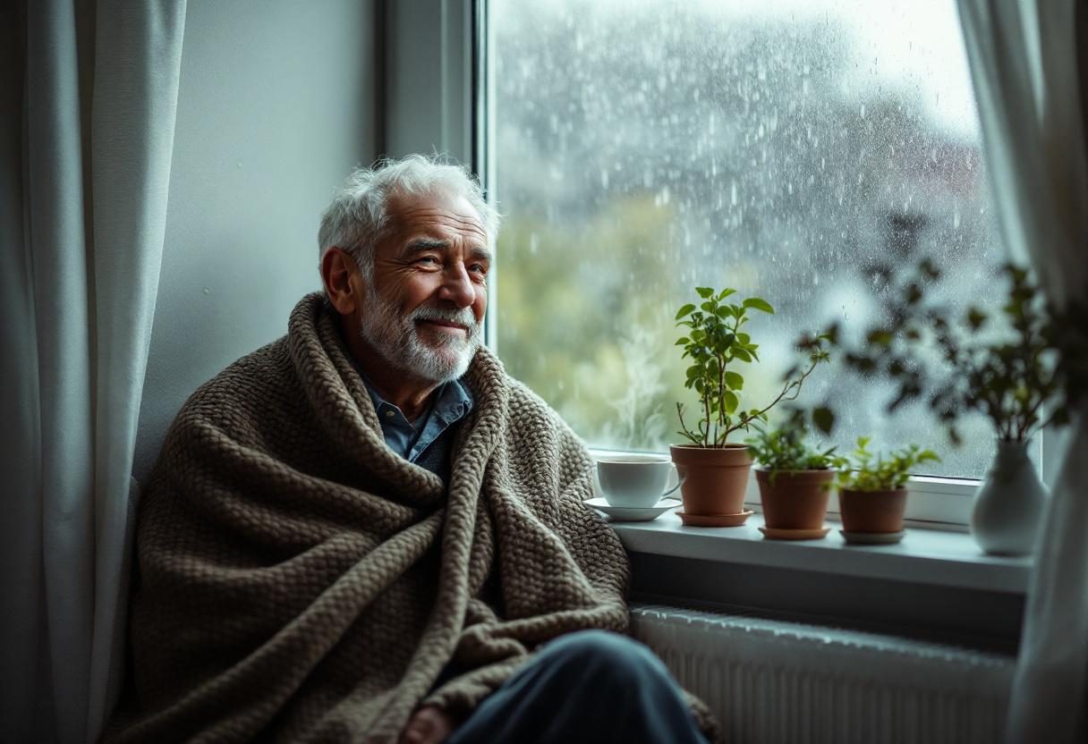 Bărbat matur relaxat acasă, moment de îngrijire personală