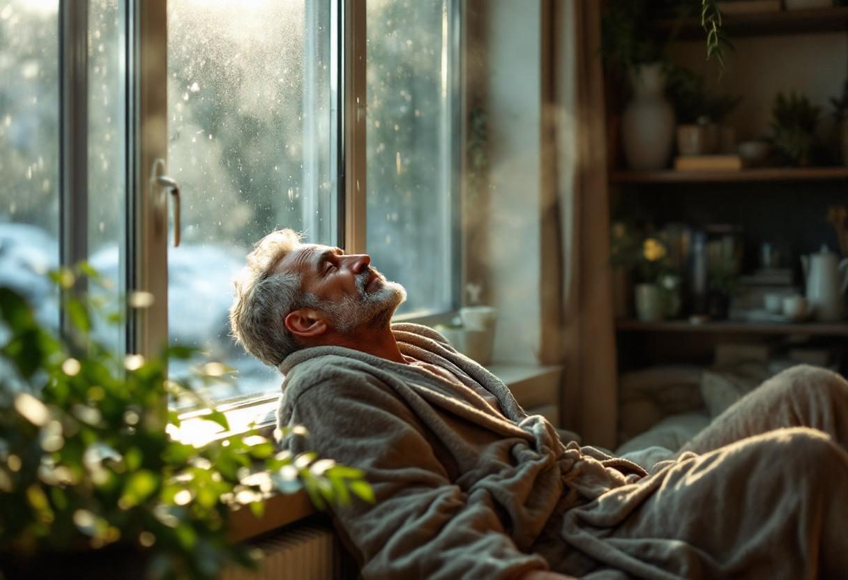 Bărbat relaxat acasă, moment de îngrijire personală