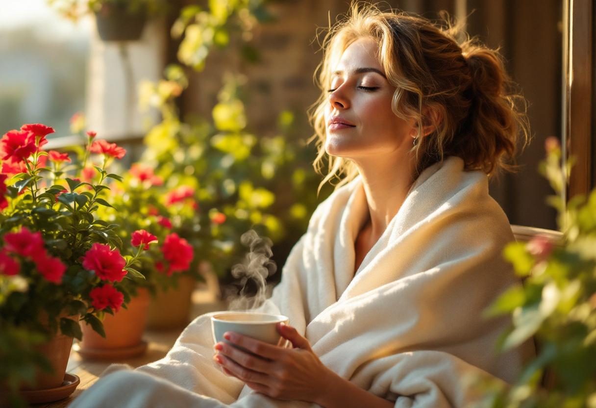 Žena uživa u mirnom trenutku sa šolom biljnog čaja u udobnom domaćem okruženju