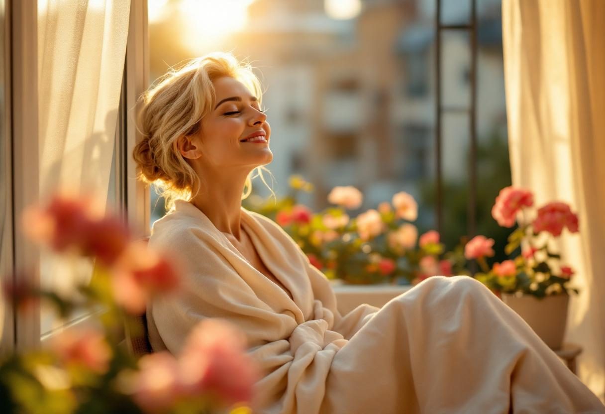 Жінка здорової зовнішності з доглянутою шкірою у спокійній домашній атмосфері