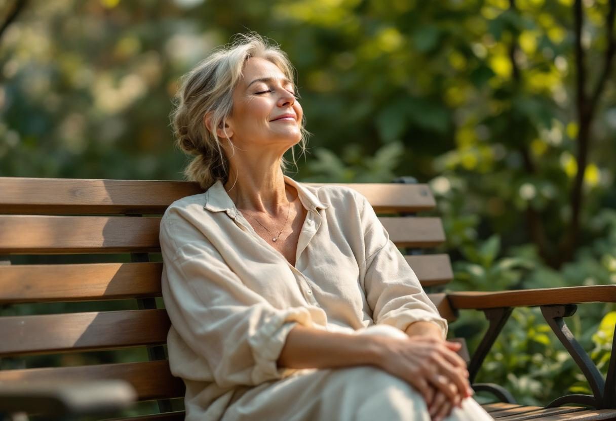 Жінка відпочиває після прогулянки на природі, відчуваючи легкість у ногах