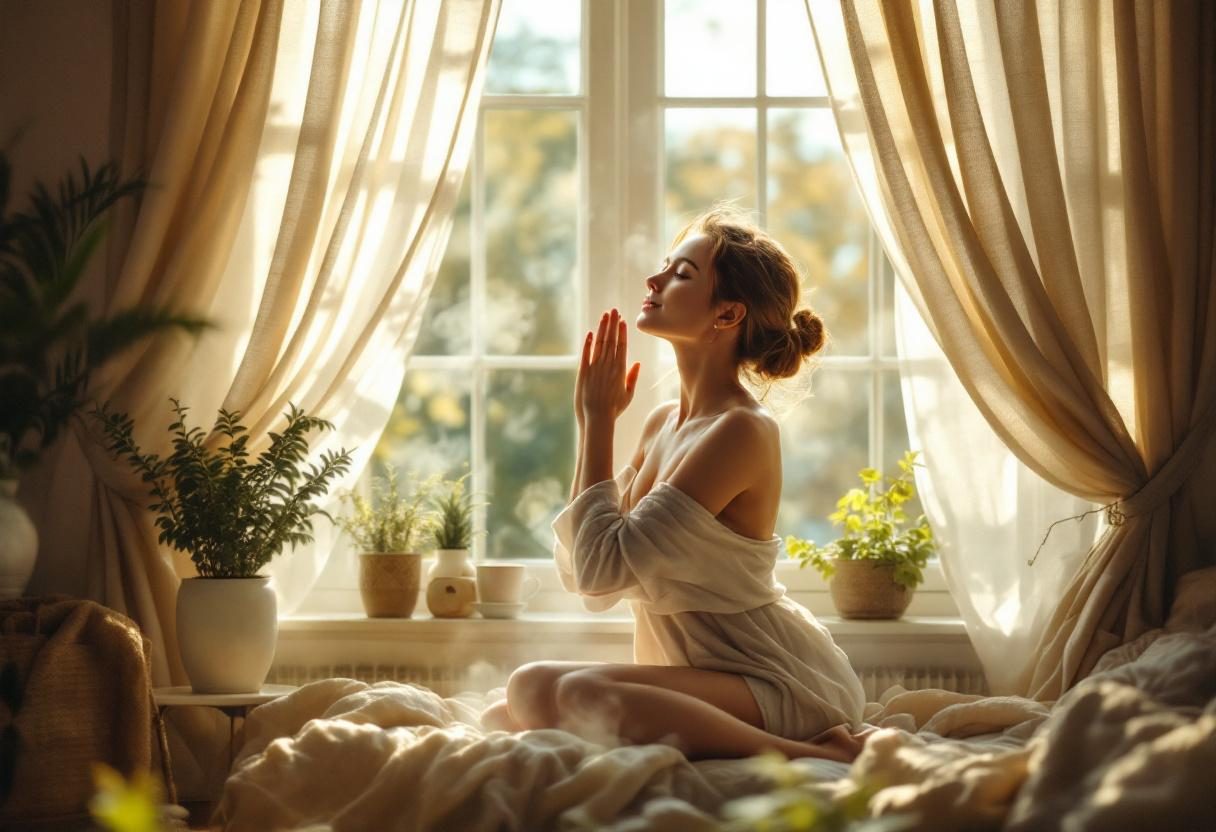 Жінка насолоджується доглядом за шкірою в спокійній домашній атмосфері