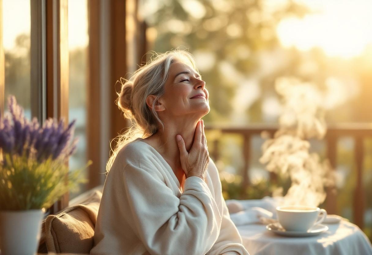 Жінка середнього віку займається йогою на свіжому повітрі, символізуючи здоровий спосіб життя та турботу про серцево-судинну систему