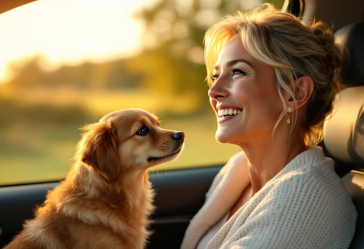 Dog traveling safely in Owleys car seat