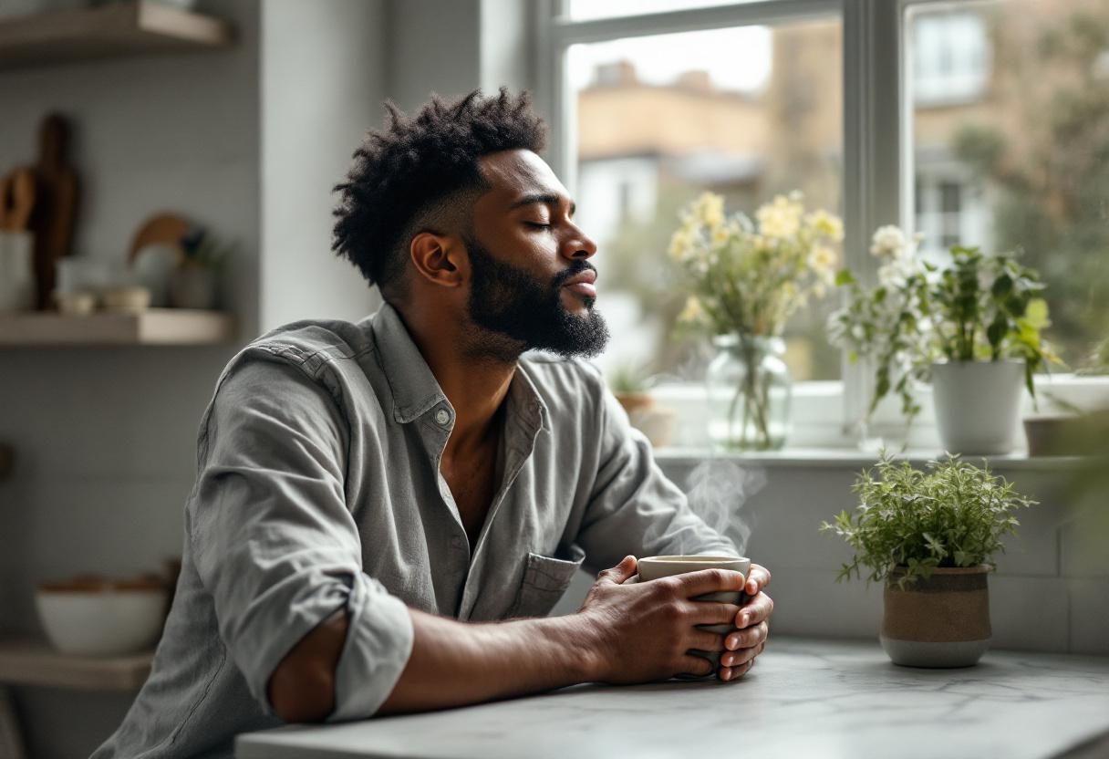 Peaceful wellness moment with herbal tea and natural surroundings