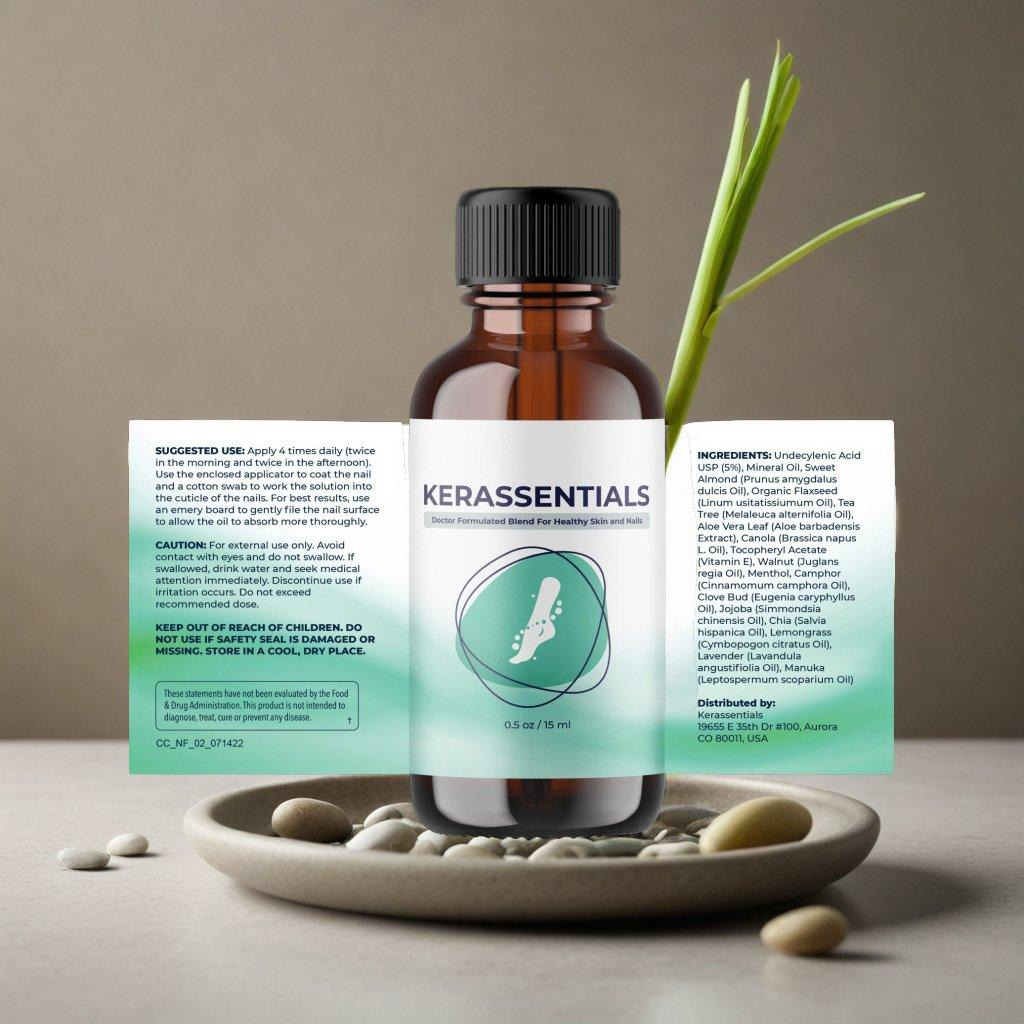 Kerassentials oil formula in glass bottle