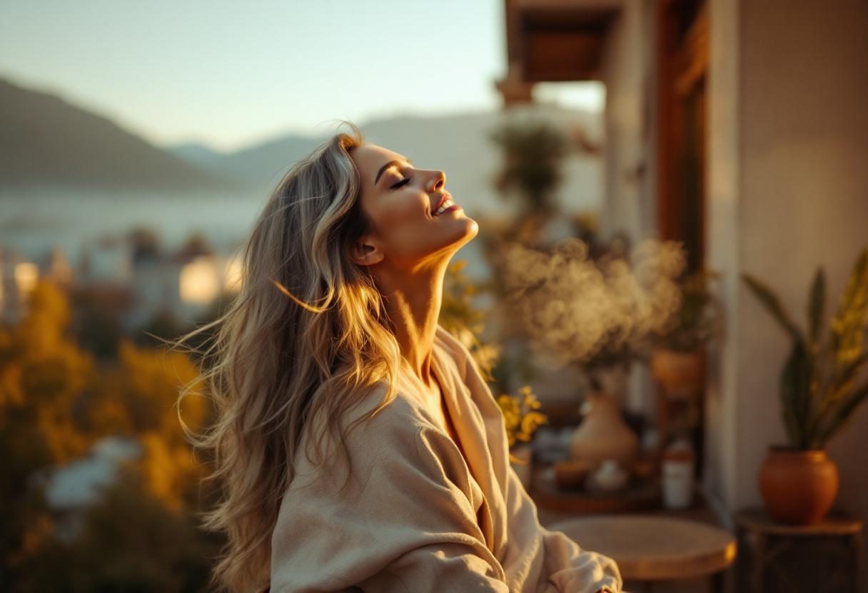 Woman with healthy glowing skin after skincare routine