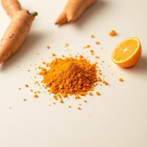 Cúrcuma en polvo brillante de color naranja intenso junto a rizomas frescos cortados sobre fondo oscuro