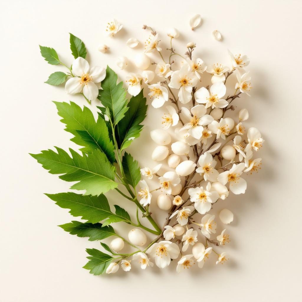 Flores y hojas de espino blanco