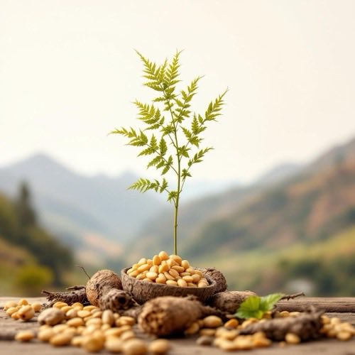 Raíz de maca andina en paisaje montañoso peruano