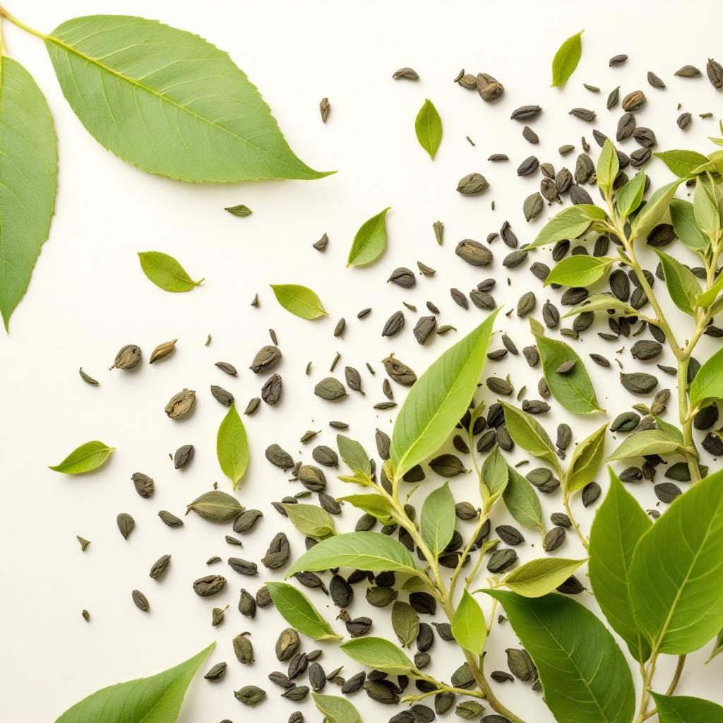 Green tea leaves and fresh brew