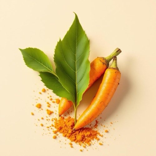 Estratto di curcuma, radice arancione e polvere su sfondo neutro